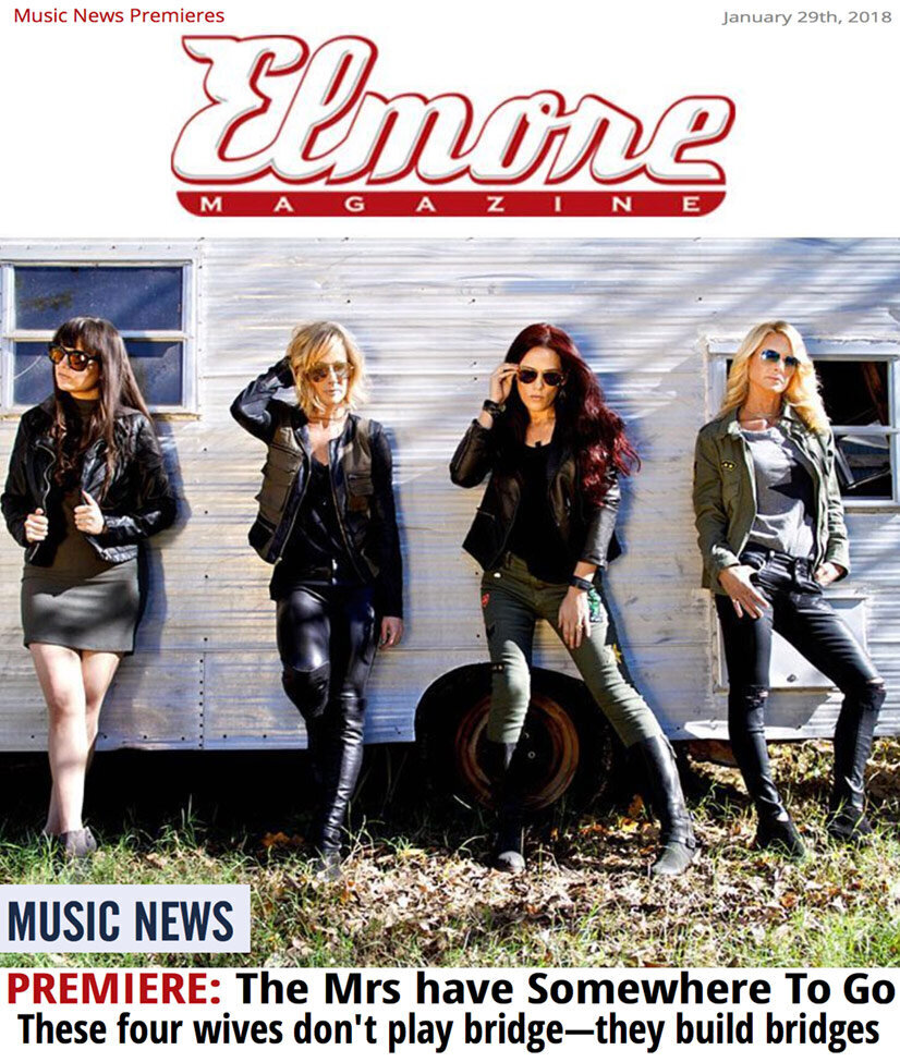 Magazine Cover Publication Elmore Female Band The Mrs standing against small white camper trailer