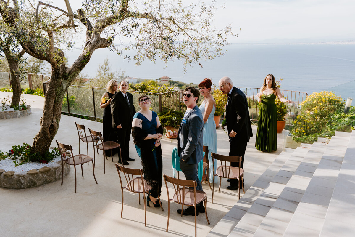 Outdoor terrace wedding setup in Sorrento with ocean views