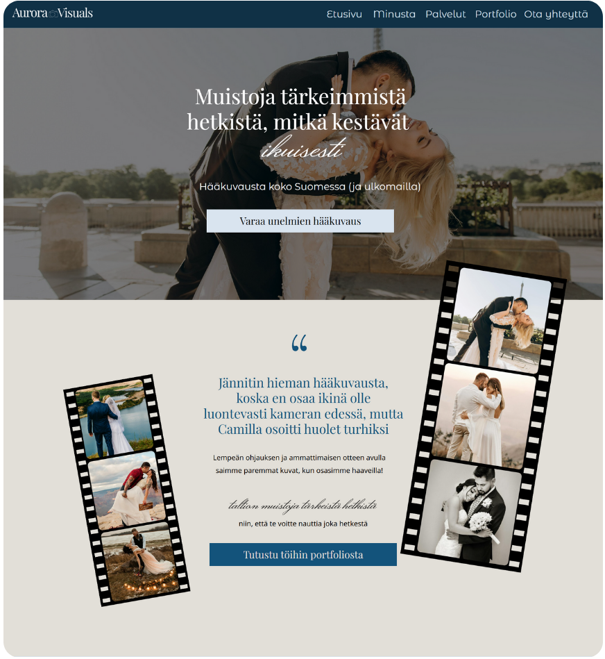 Aurora Visuals nettisivupohjan etusivu