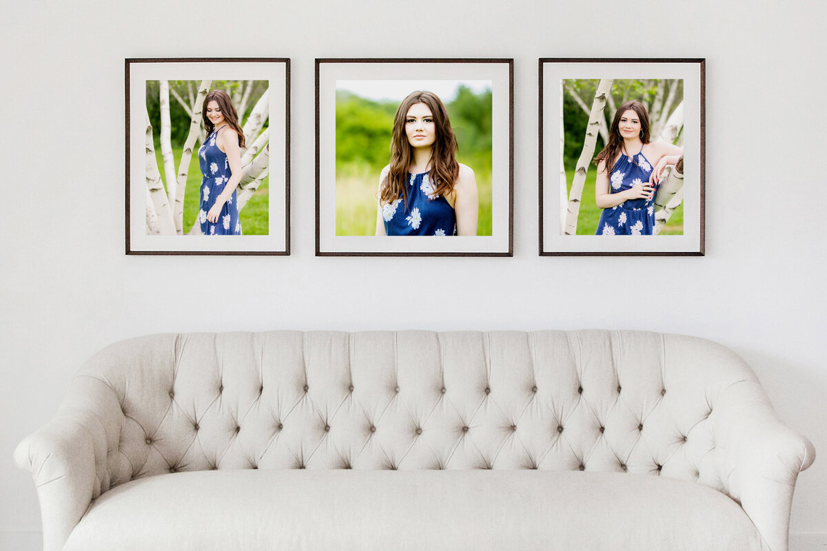 3 framed images hanging above a white couch of a high school senior girl wearing a blue dress with white daisies near birch trees while posing for a South Shore MA senior photographer