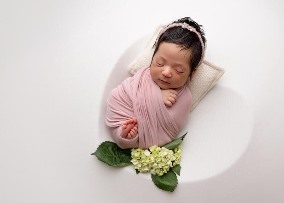 Newborn girl positioned in a heart bowl under a clean white backdrop creating a heart silhouette.  Baby has a pink criss cross wrap and hydrangeas to accent.