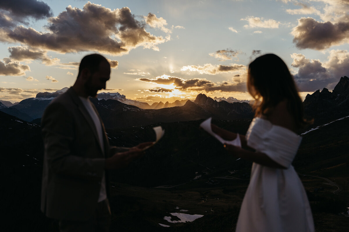 happy couple together in mountain elopement in Dolomites