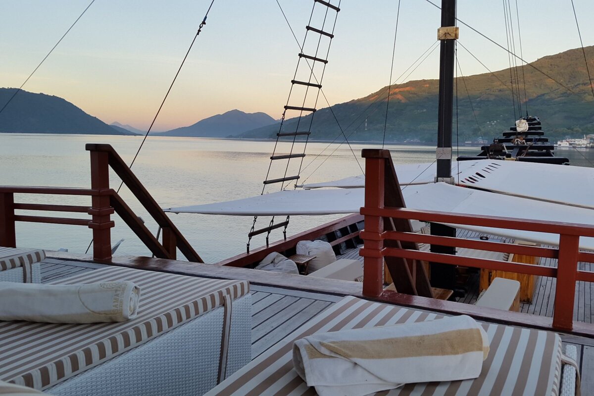 Samata Luxury Yacht Charter Komodo Deck Sunset at Banda Islands