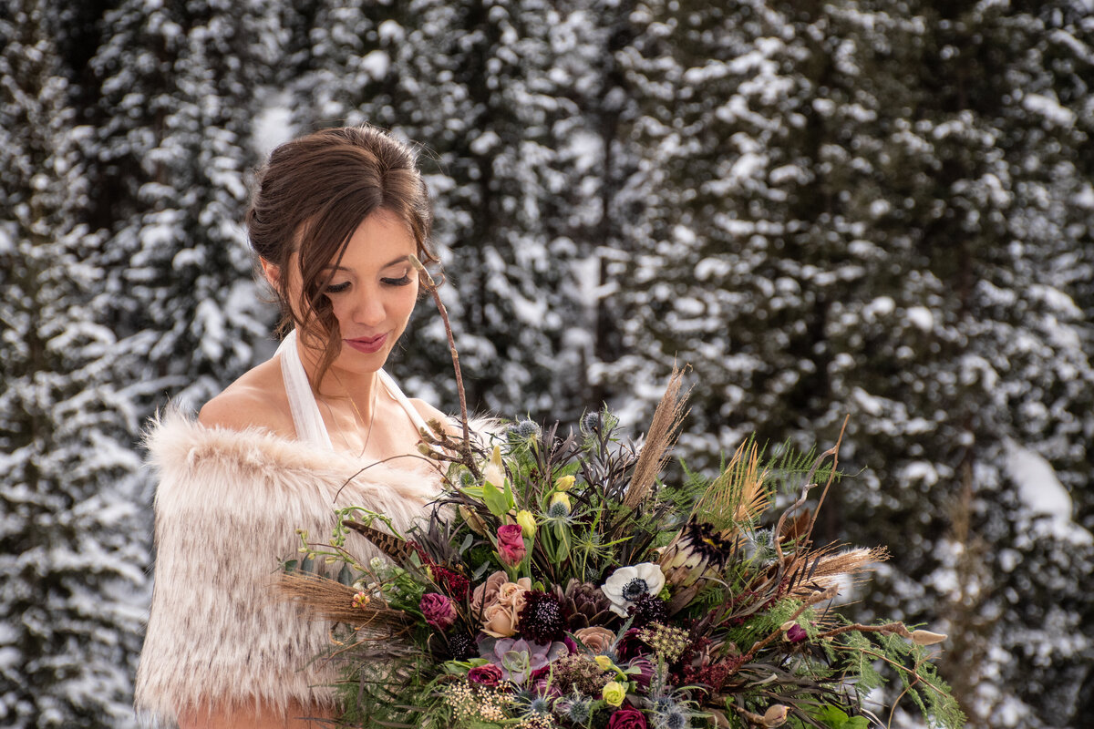 Snowy pines winter bride Crested Butte Colorado Wedding