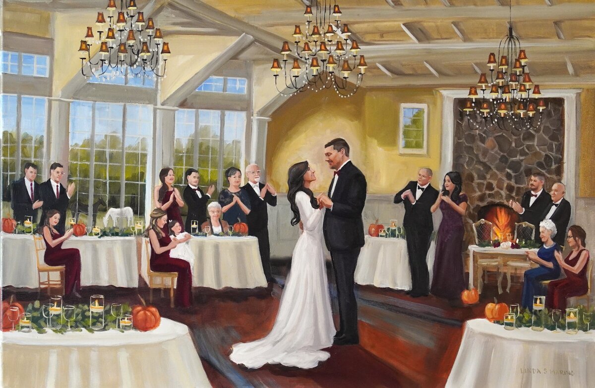 Live Wedding Painting of Bride and Groom first dance with family in the background at Ryland Inn in White House Station, NJ