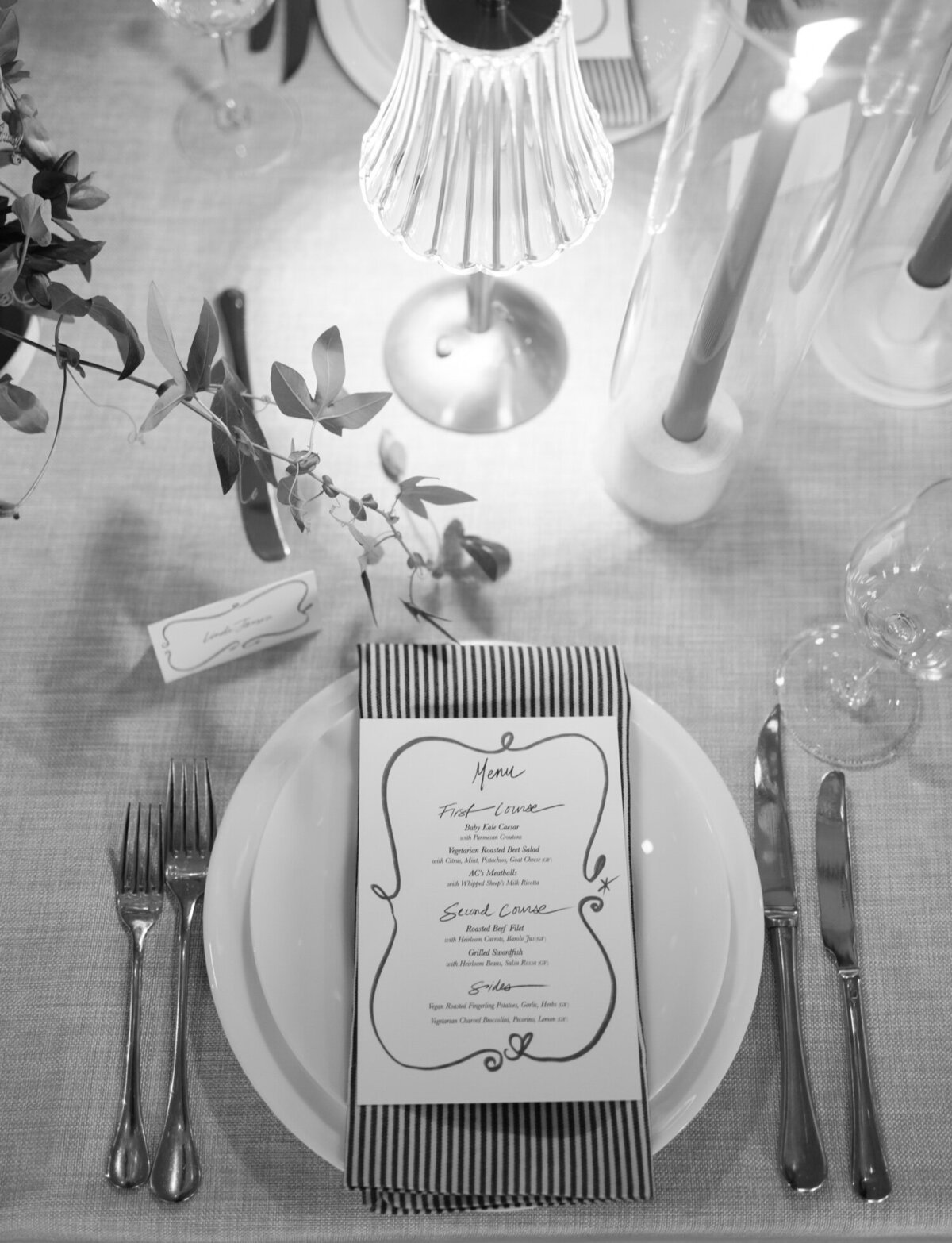 fall wedding place setting, menu, Shinola Hotel Detroit