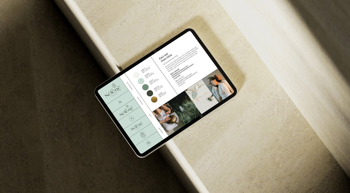 Brandboard Séléné résumant l'identité visuelle de la marque, crée par le Studio Youmé, spécialiste en image de marque en Vendée.