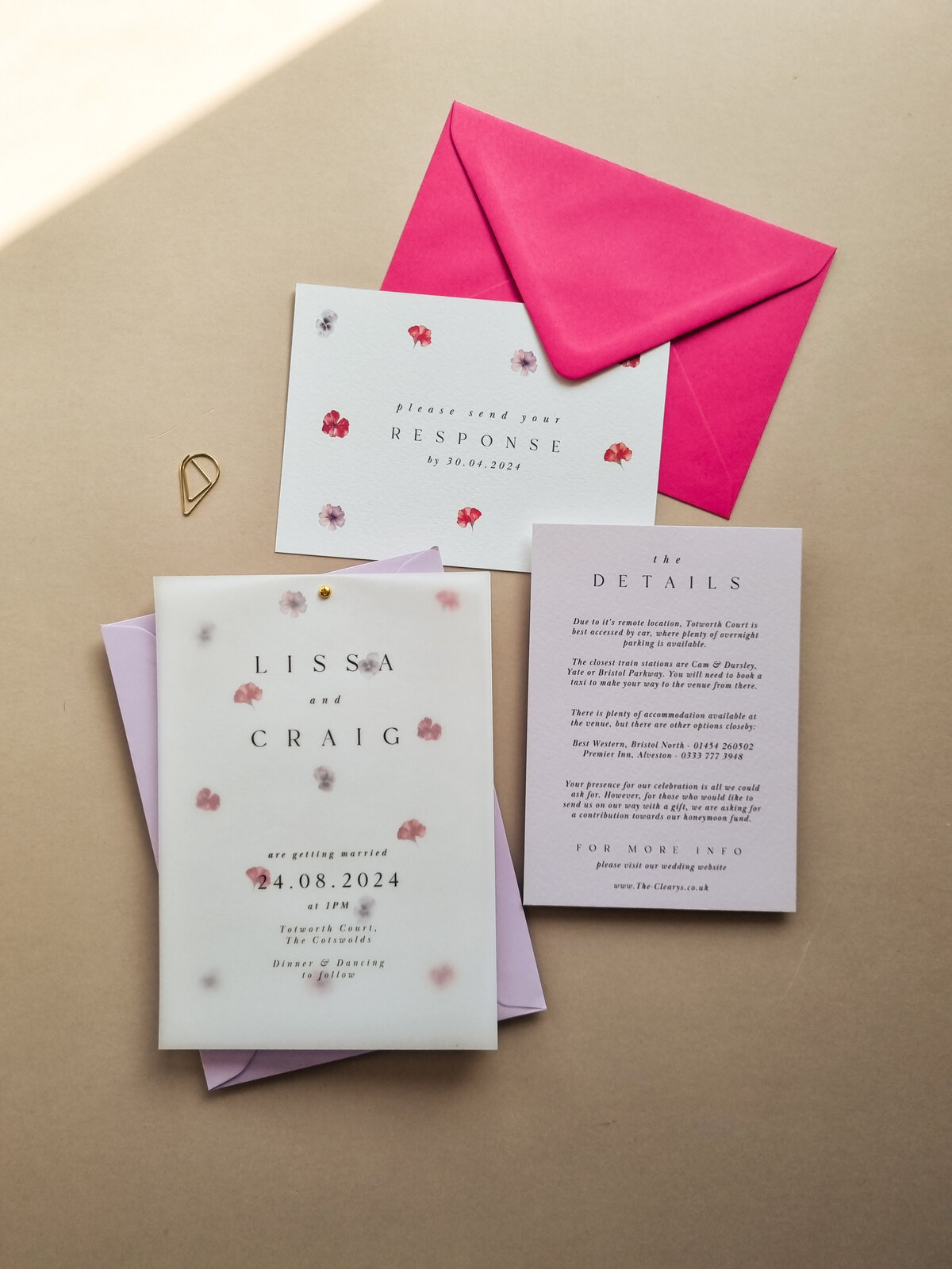 Lilac Pink and Black Vellum Wedding Invitation