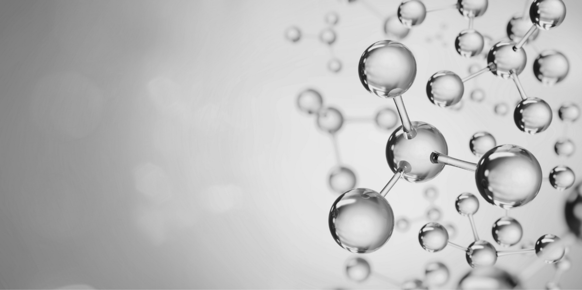 A 3D rendering of transparent molecular structures against a soft gray background.