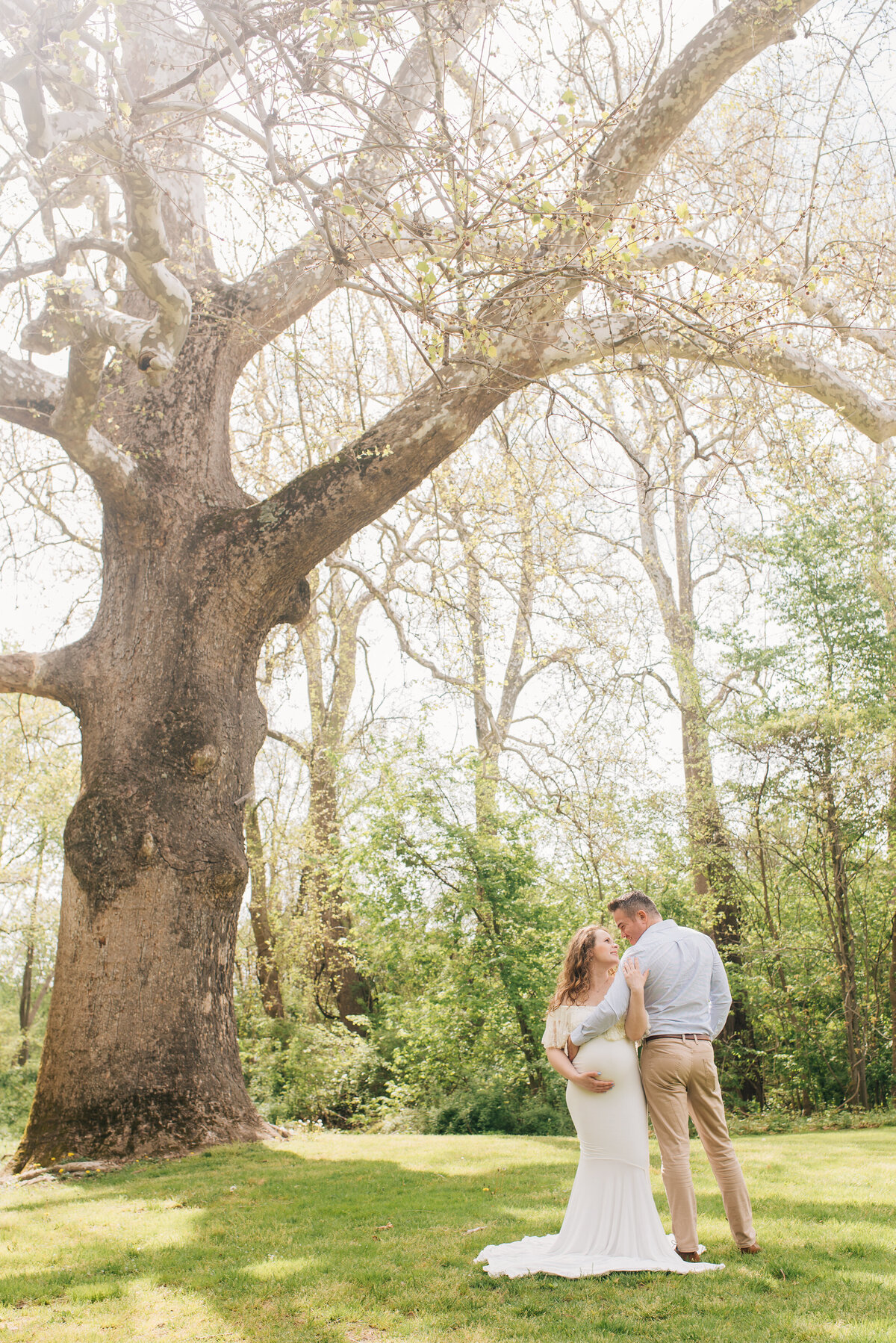 Expecting mother and father looking at each other in front of large tree
