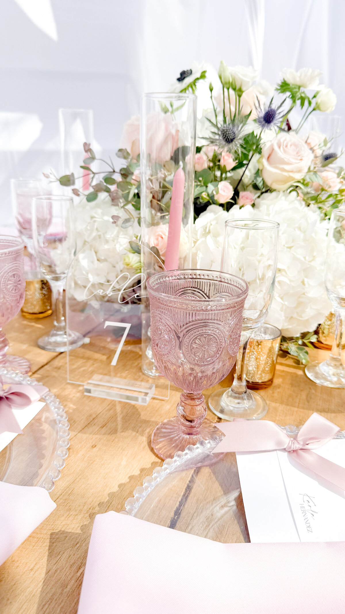 Pink and gold wedding reception tablescape details in Carlsbad, California.
