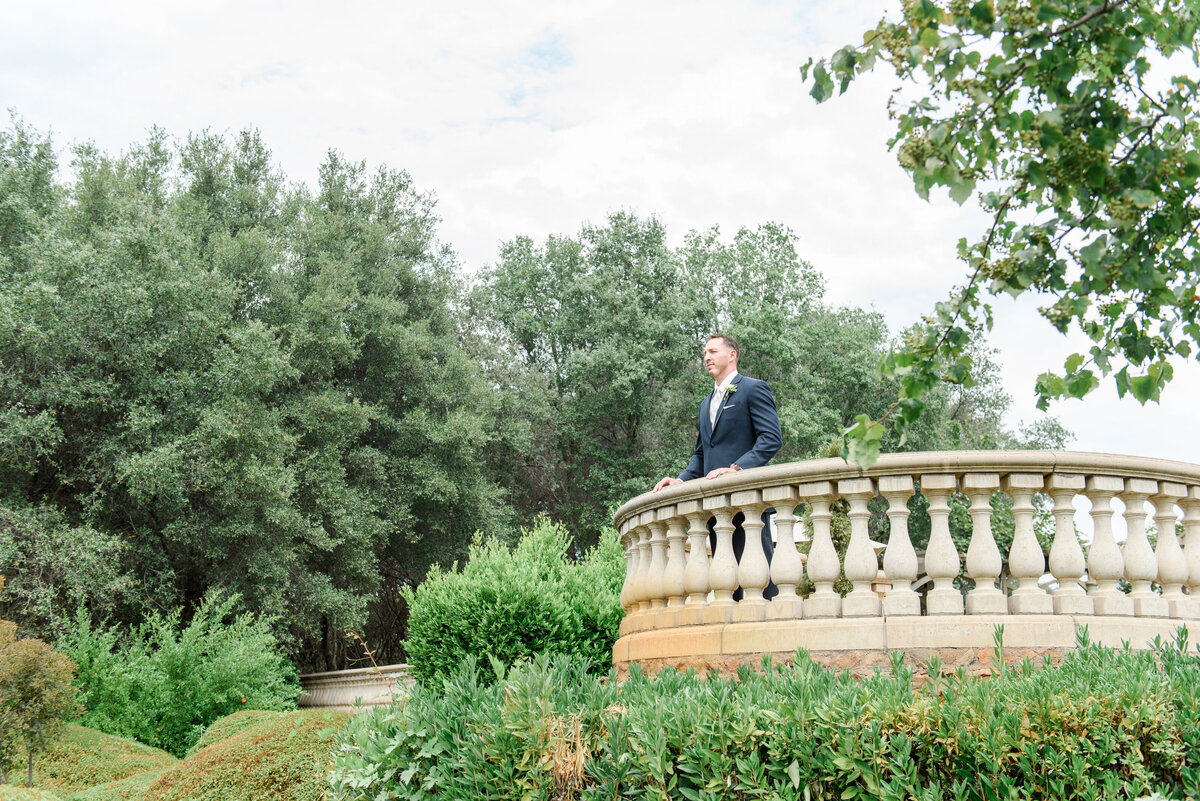 groom looking over a balcony at greenery