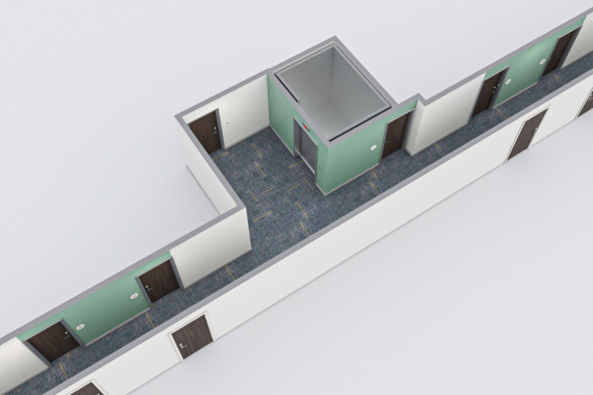 Bird's eye view of 3D Rendering of Echo Suites by Wyndham hotel lobby corridor