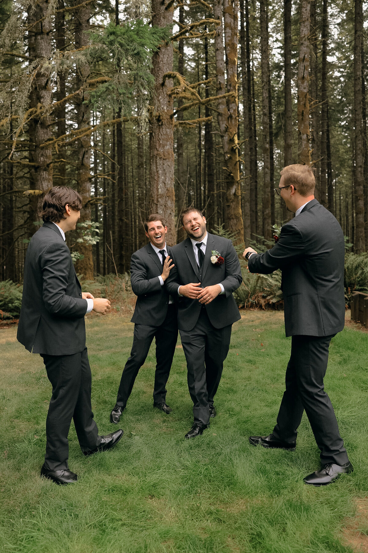 Groomsmen Laughing in Forest – Candid Wedding Party Moments