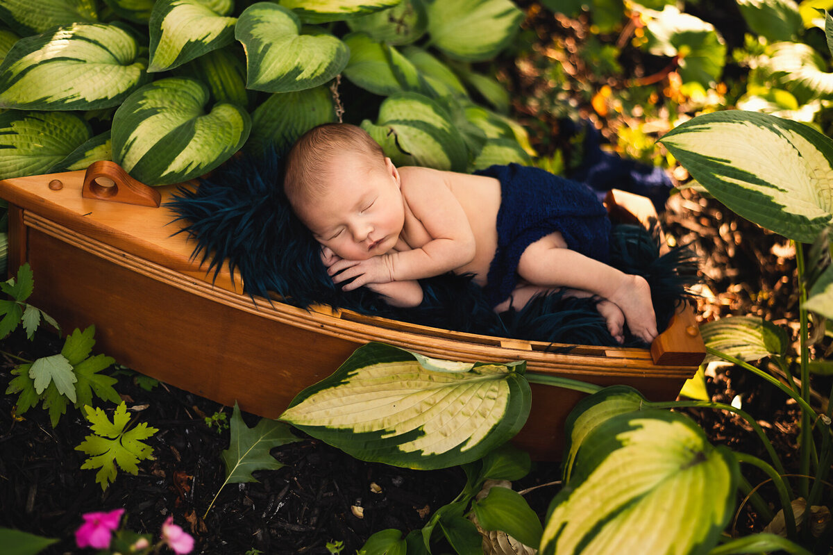 Baby boy sleep in a canoe at outdoor photos by Greater Toronto Photographer surrounded by greenery.