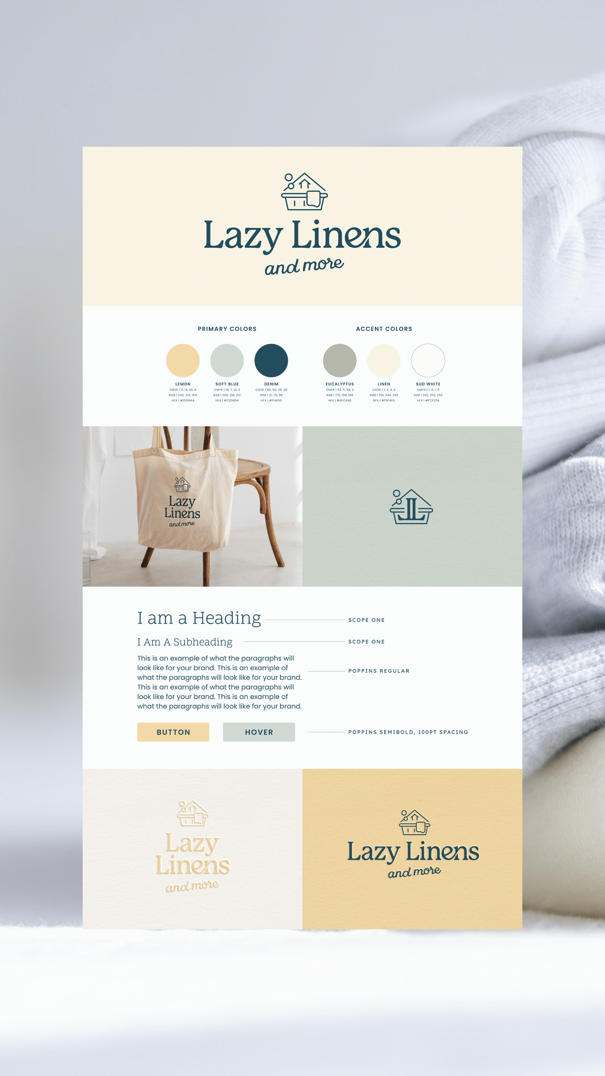Neutral brand board featuring butter yellow, mint green, and hand-drawn logo marks for soft, elevated brand identities.