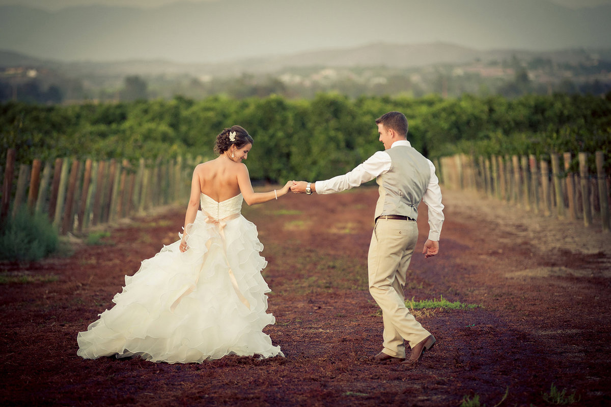 Temecula wedding photos bride and groom walking in a vineyard