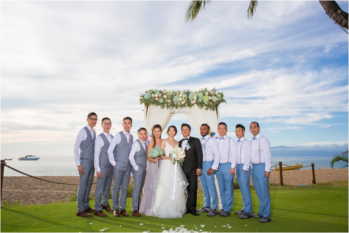 Maui Wedding Photography  at The Westin Maui Resort and Spa with the bride and groom together with bridesmaid and groomsmen