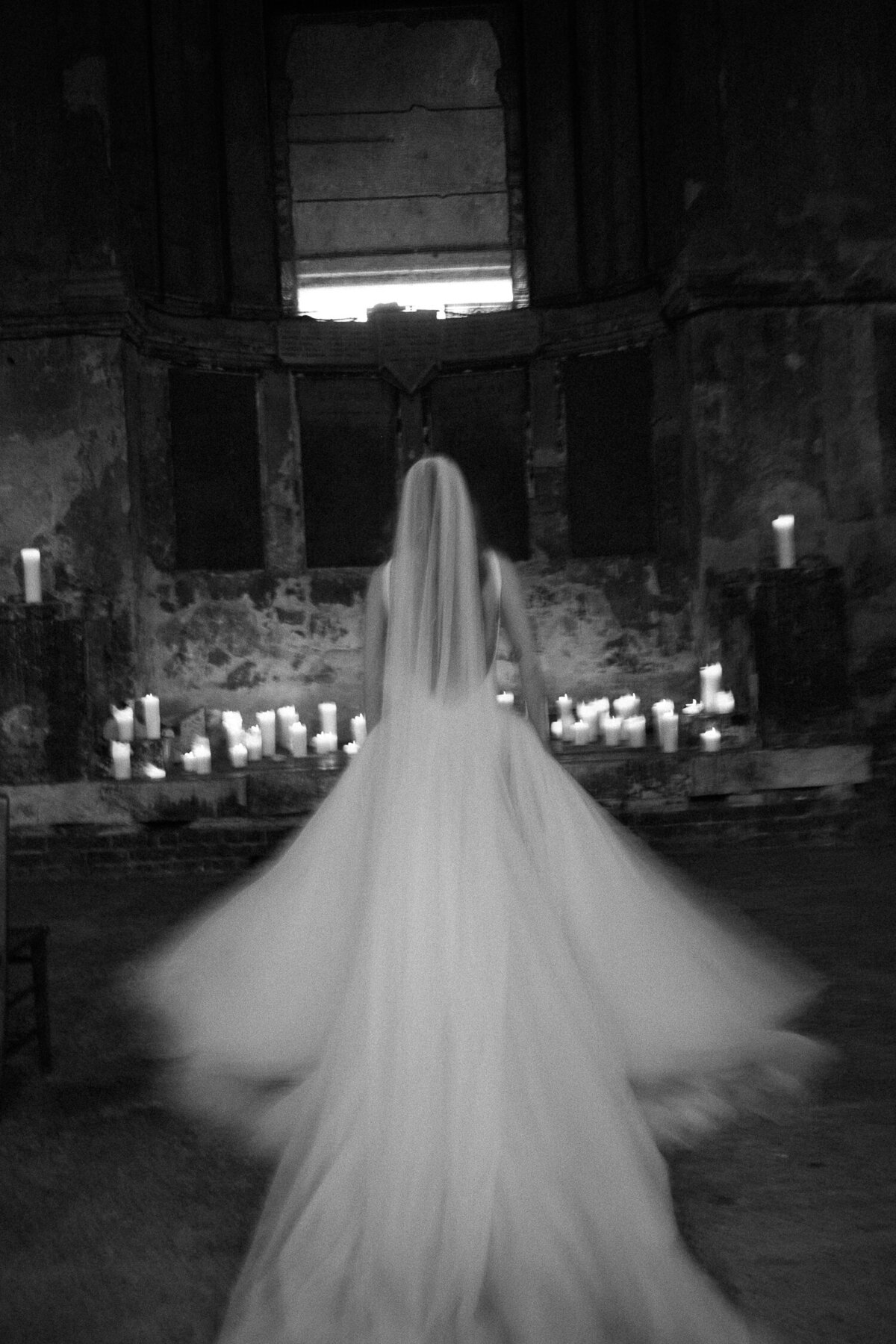 Brides dress shot at The Asylum Chapel in London.