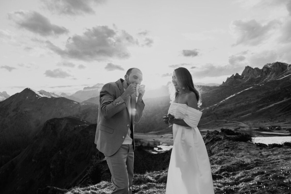 romatic couple together in mountain elopement in Dolomites