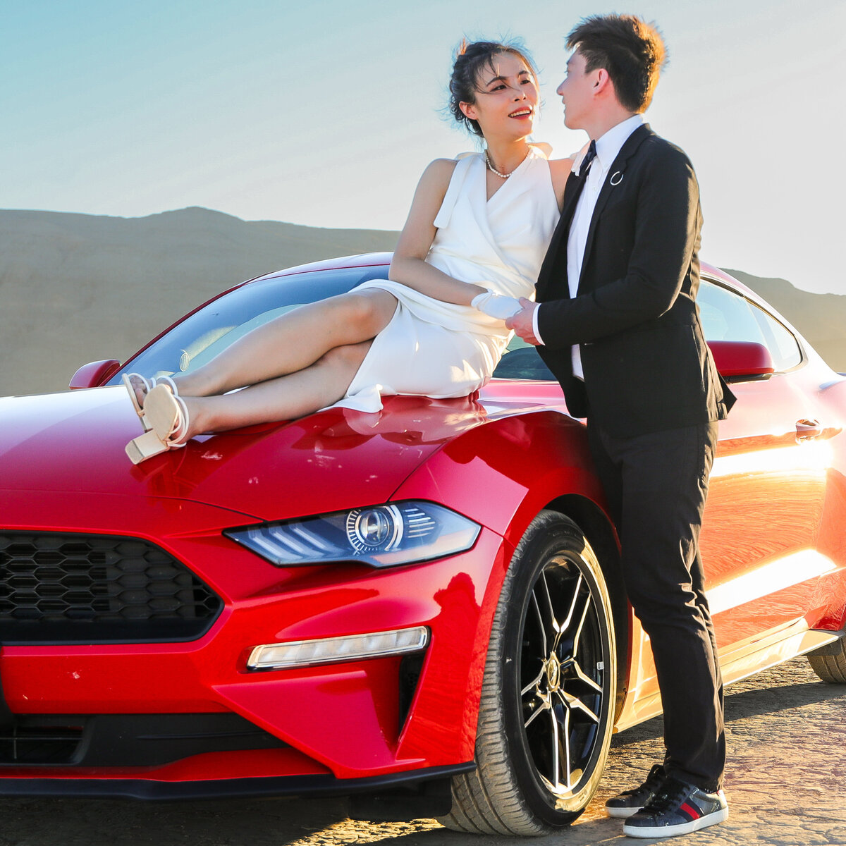 bride groom red mustang