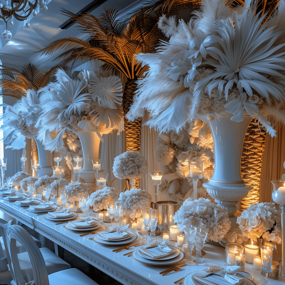White feathers and gold palm trees event