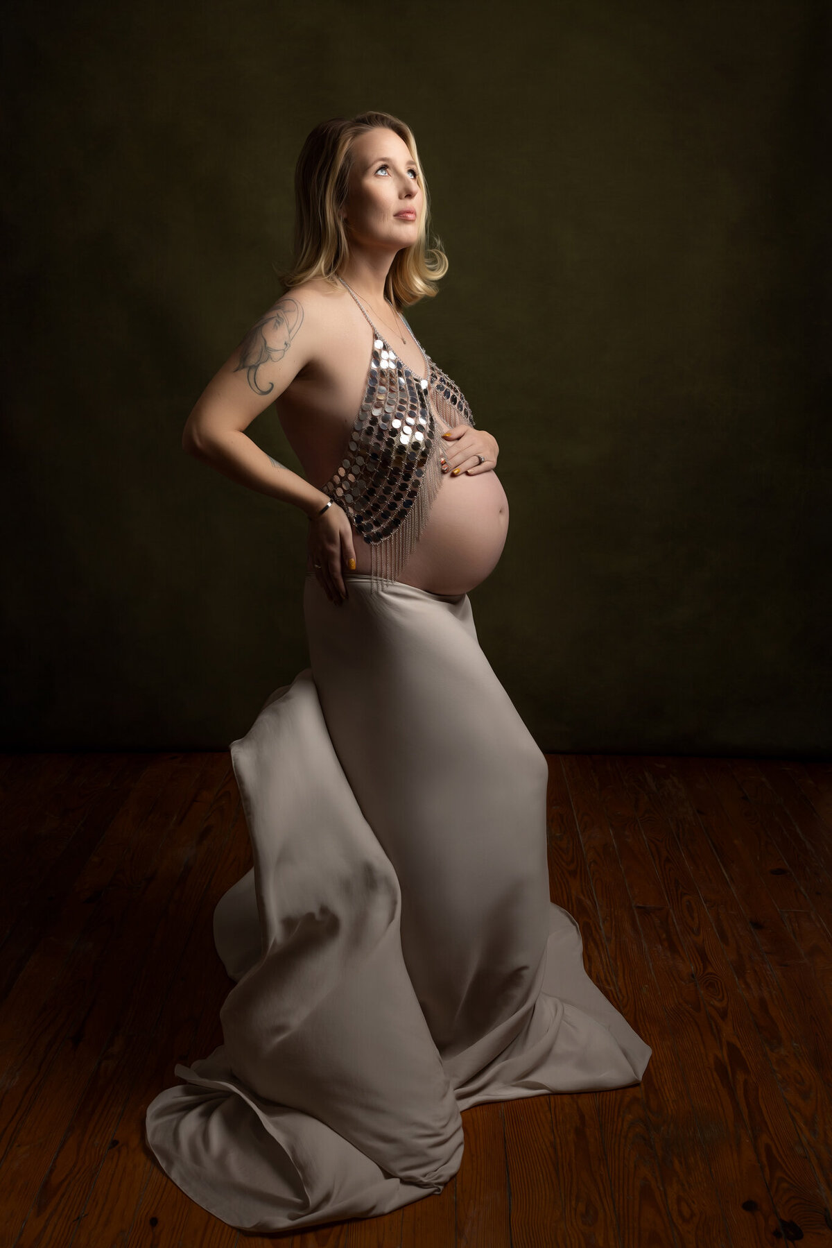expecting mother with tossed fabric in silver crop necklace charleston sc
