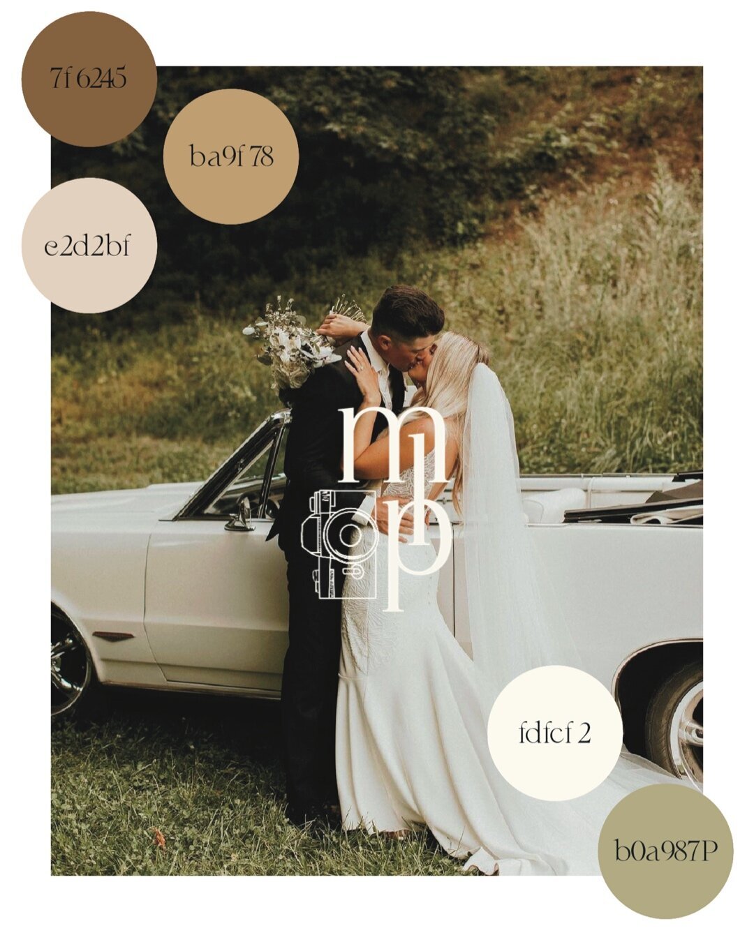 Couple standing in front of car overlaid with colored circles showing brand and cymk colors and logo design representing full service design and calligraphy by Life in Letters.