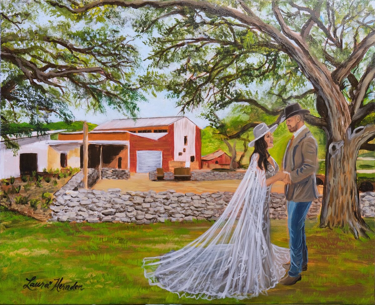 live event wedding painting  by wedding painter Laura  Herndon with impressionist live wedding painting and fine art at blanco texas wedding venue  rancho desilva events