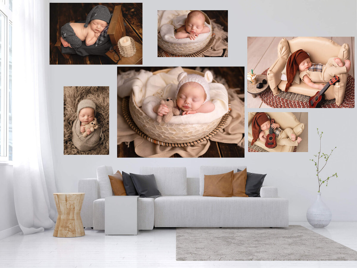 Greater Toronto Newborn Photography living room wall collage in home of baby boy photo shoot with boho theme.
