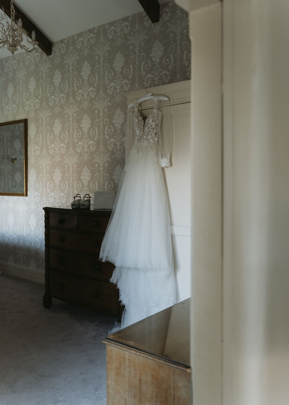 Wedding dress on the morning of the wedding day