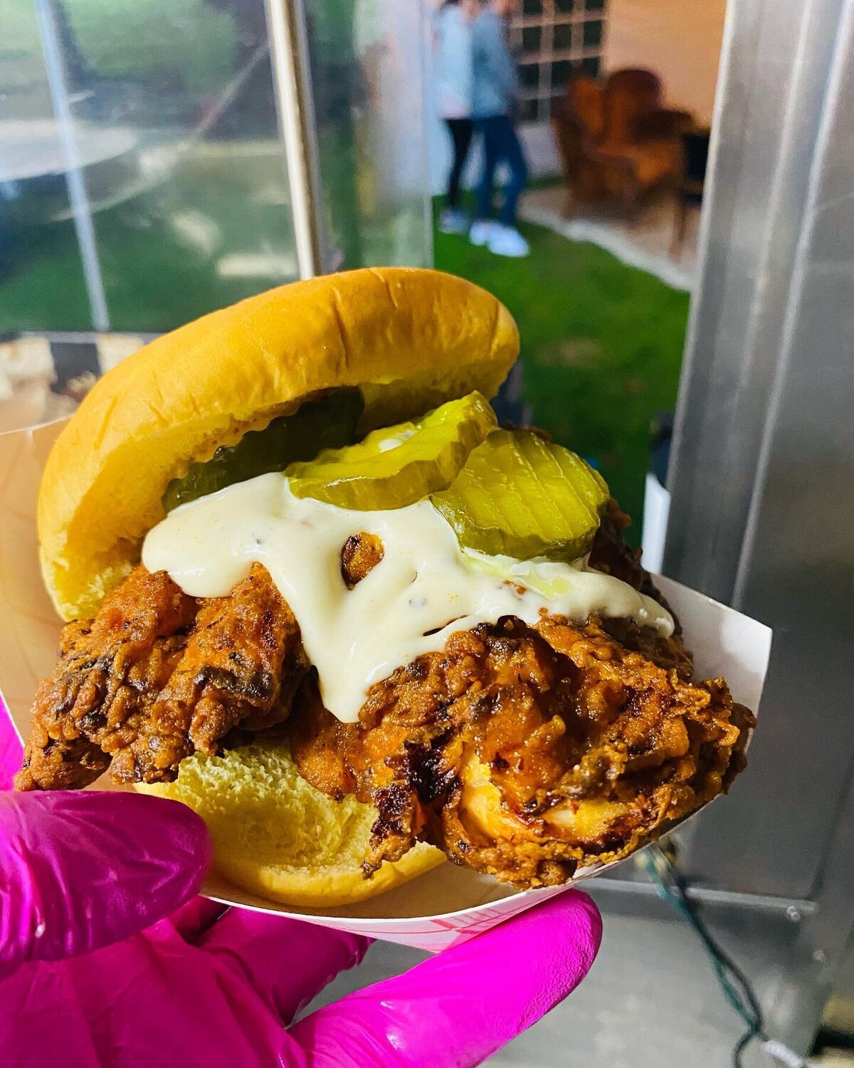 Hell in a bucket chicken sandwich. spicy souther style food being served in downtown Mt Holly. 