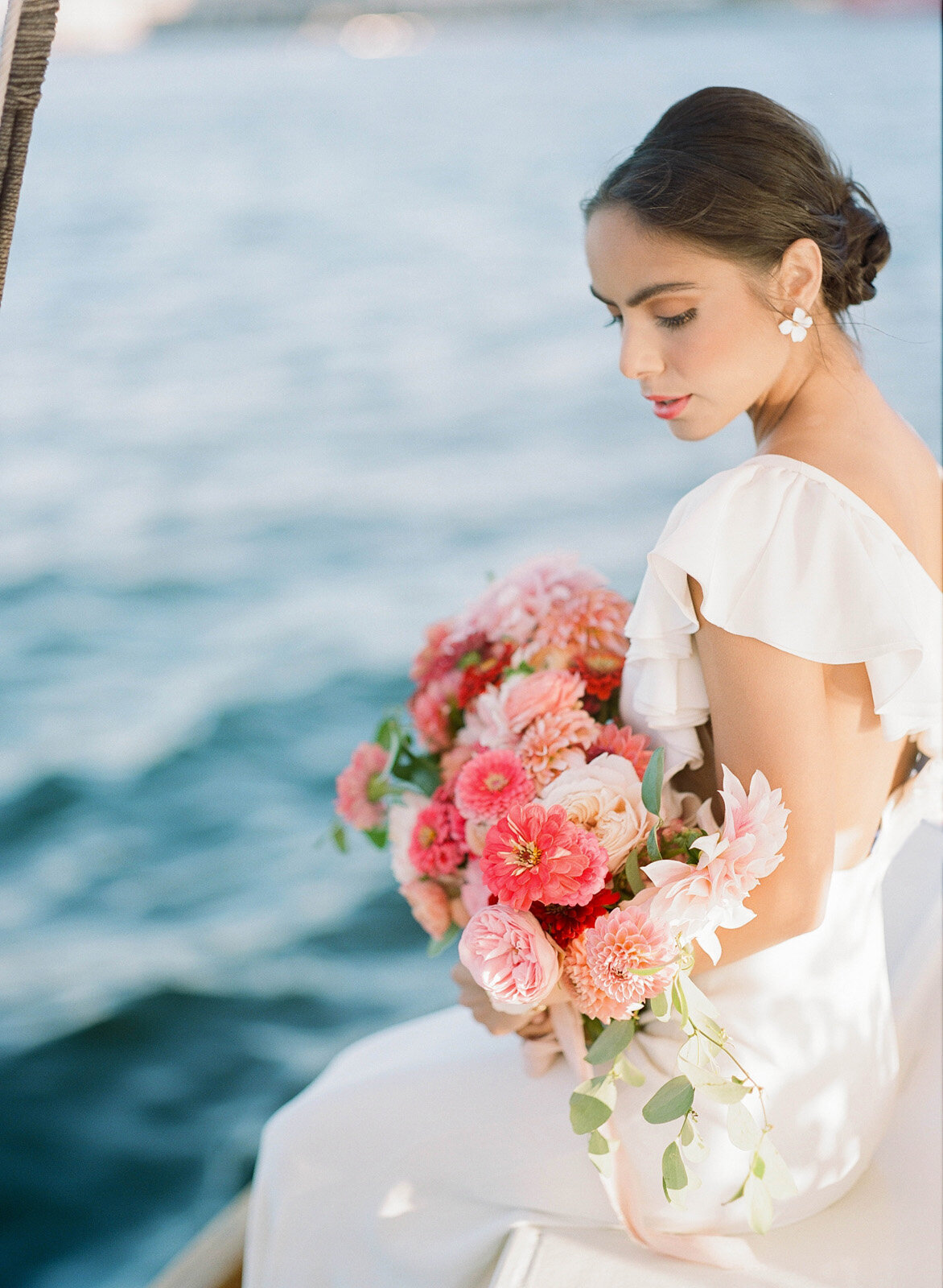 Kate-Murtaugh-Events-elopement-wedding-planner-Boston-Harbor-sailing-sail-boat-yacht-greenery-bridal-portrait