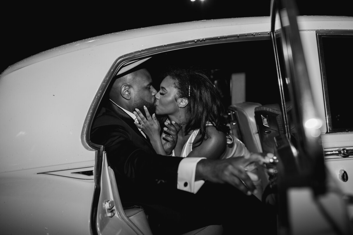 Bride and Groom in Getaway Car at Park Crest Events