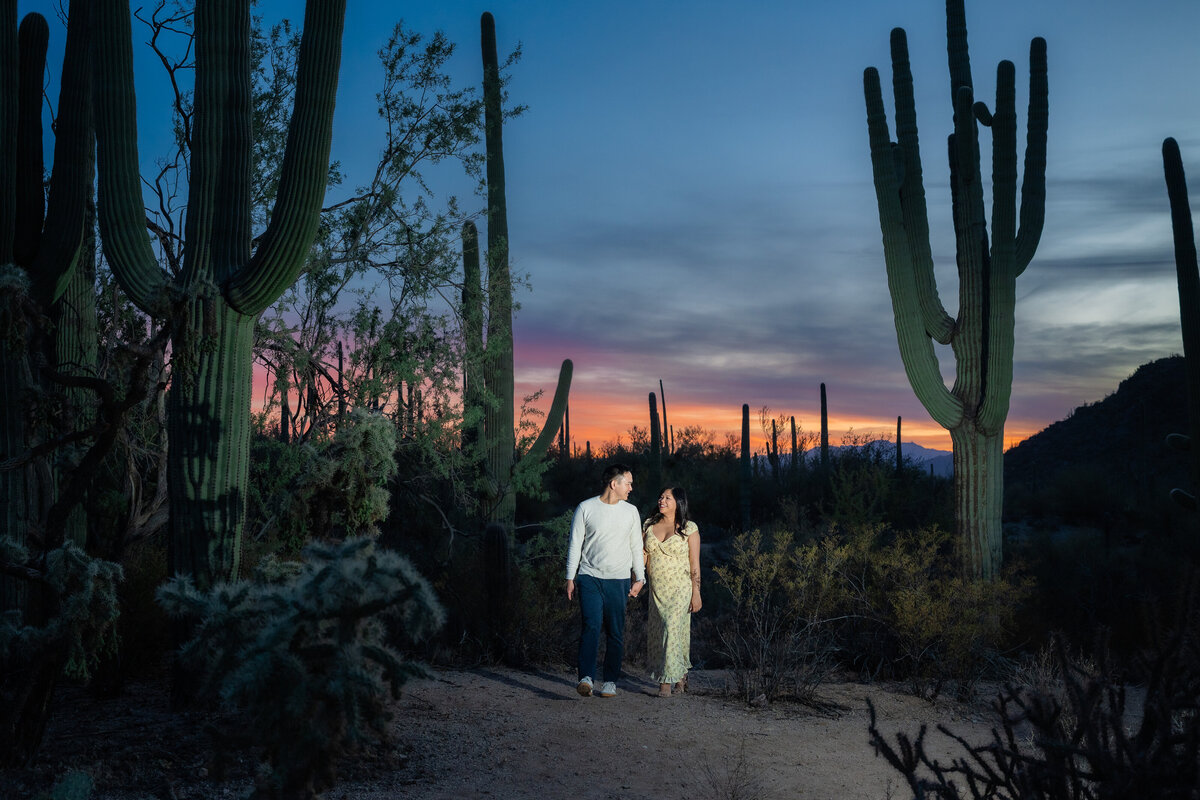 Tucson Saguaro Arizona Elopement with Bride Groom during Vibrant Sunset Blue Hour at Night.