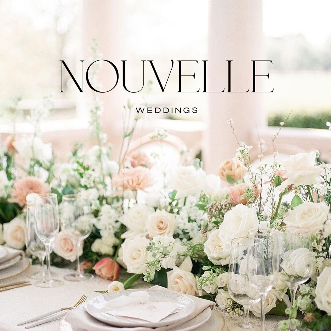 Nouvelle Weddings brand mark over a light and airy reception table scene