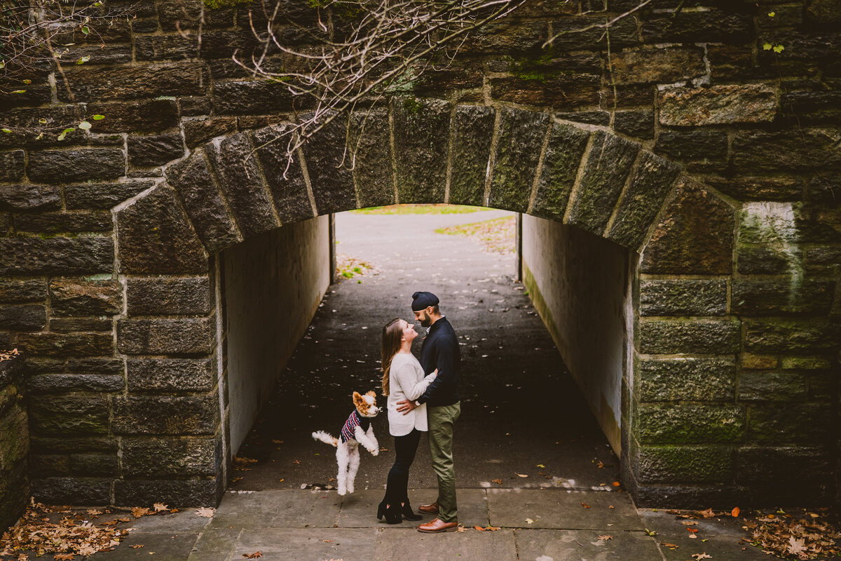 A couple sharing a moment by a tunnel at the fort tryon park with their puppy dog jumping at them