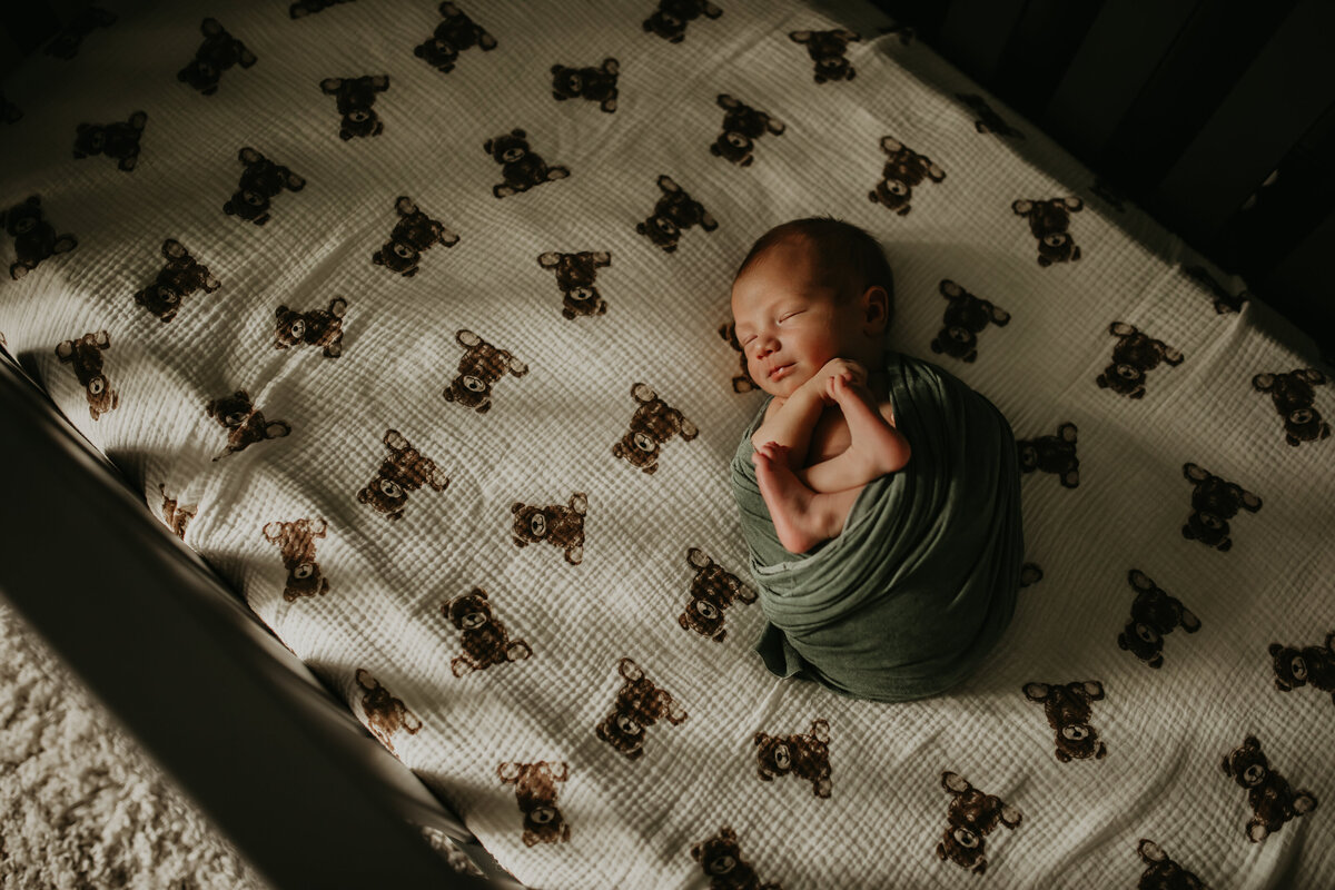 Newborn baby sleeps in teddy bear themed nursery crib during newborn photography session with Fort Worth's premiere in-home newborn photographer, Cameron Fox of Foxc Photography, in Godley, Texas.