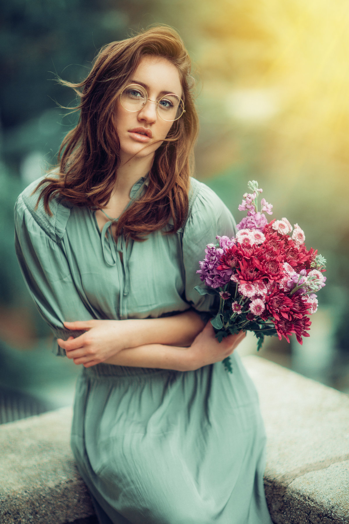 Portrait Photo Of Young Woman In Green Dress Holding Flowers Los Angeles