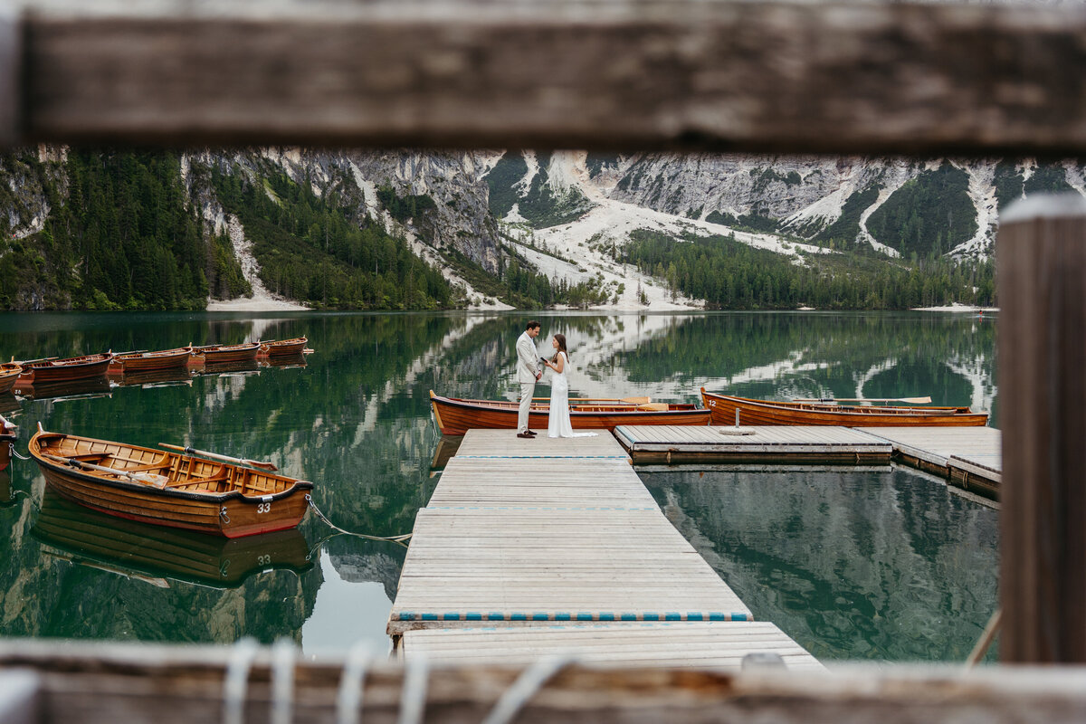 sweet couple romantic dolomites lake Braies elopement