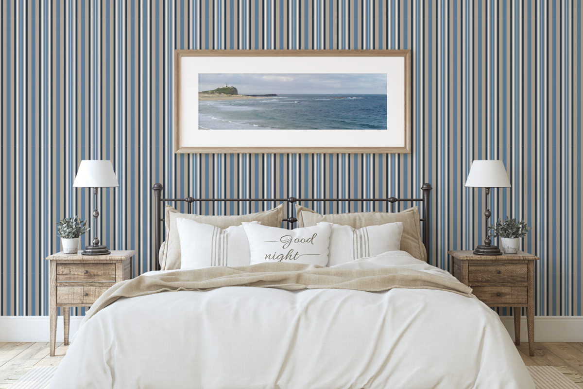 Stripe blue and cream wallpaper in bedroom