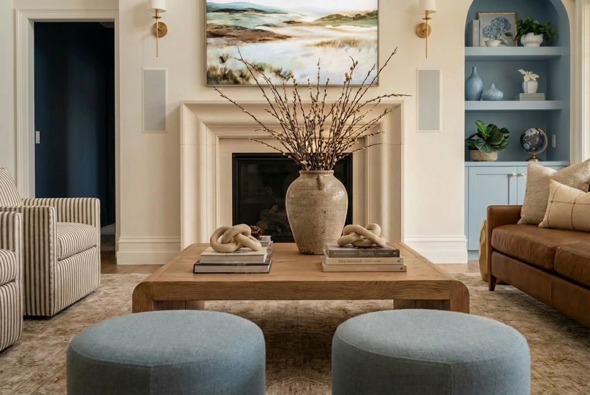 Two-story great room with layered seating and natural light by Bucklin Design Co.