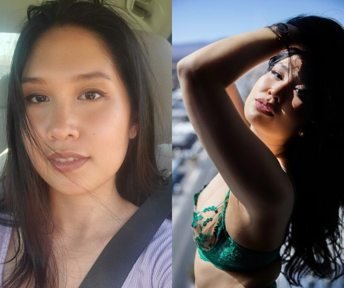 An image from a DC boudoir photography session of a woman in green lingerie with her hands in her hair next to her in a car with no makeup