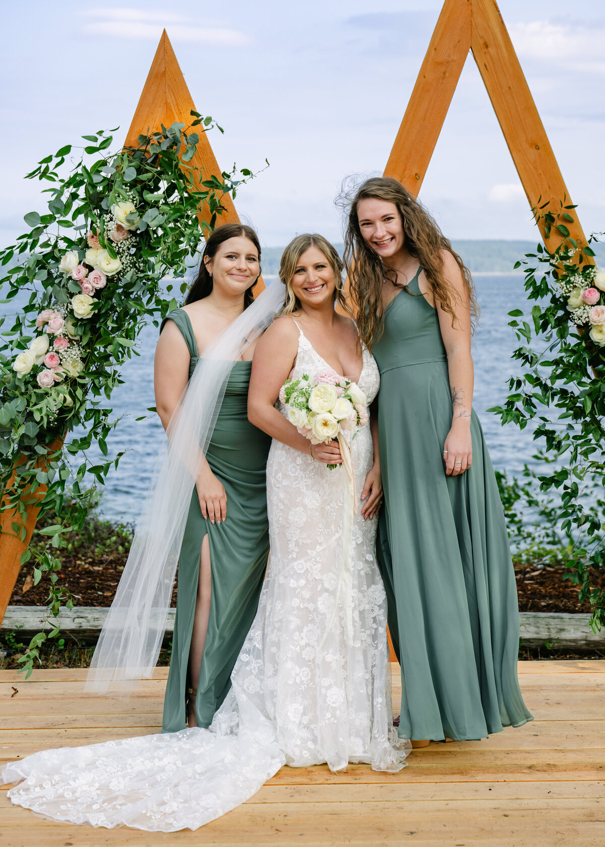 bridesmaids with bride portrait on puget sound