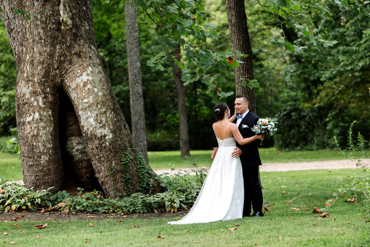 Bride and groom facing each other in front of the sycamore tree