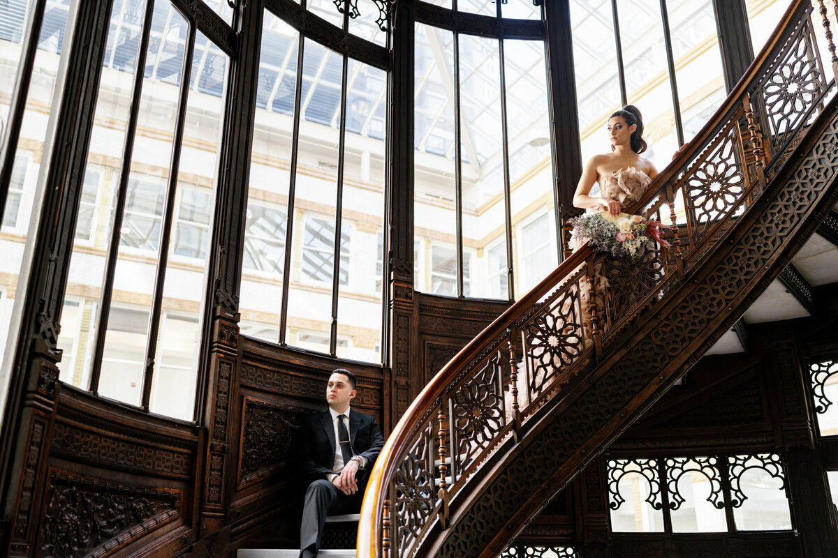 Aspen-Avenue-Chicago-Wedding-Photographer-Rookery-Engagement-Session-Histoircal-Stairs-Moody-Dramatic-Magazine-Unique-Gown-Stemming-From-Love-Emily-Rae-Bridal-Hair-FAV-23