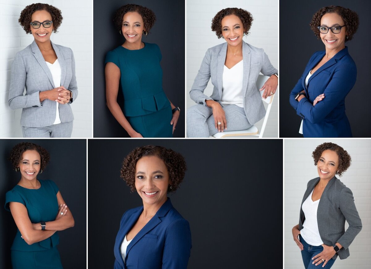 collage of contemporary business portraits showing a businesswoman smiling in various outfits and backdrops