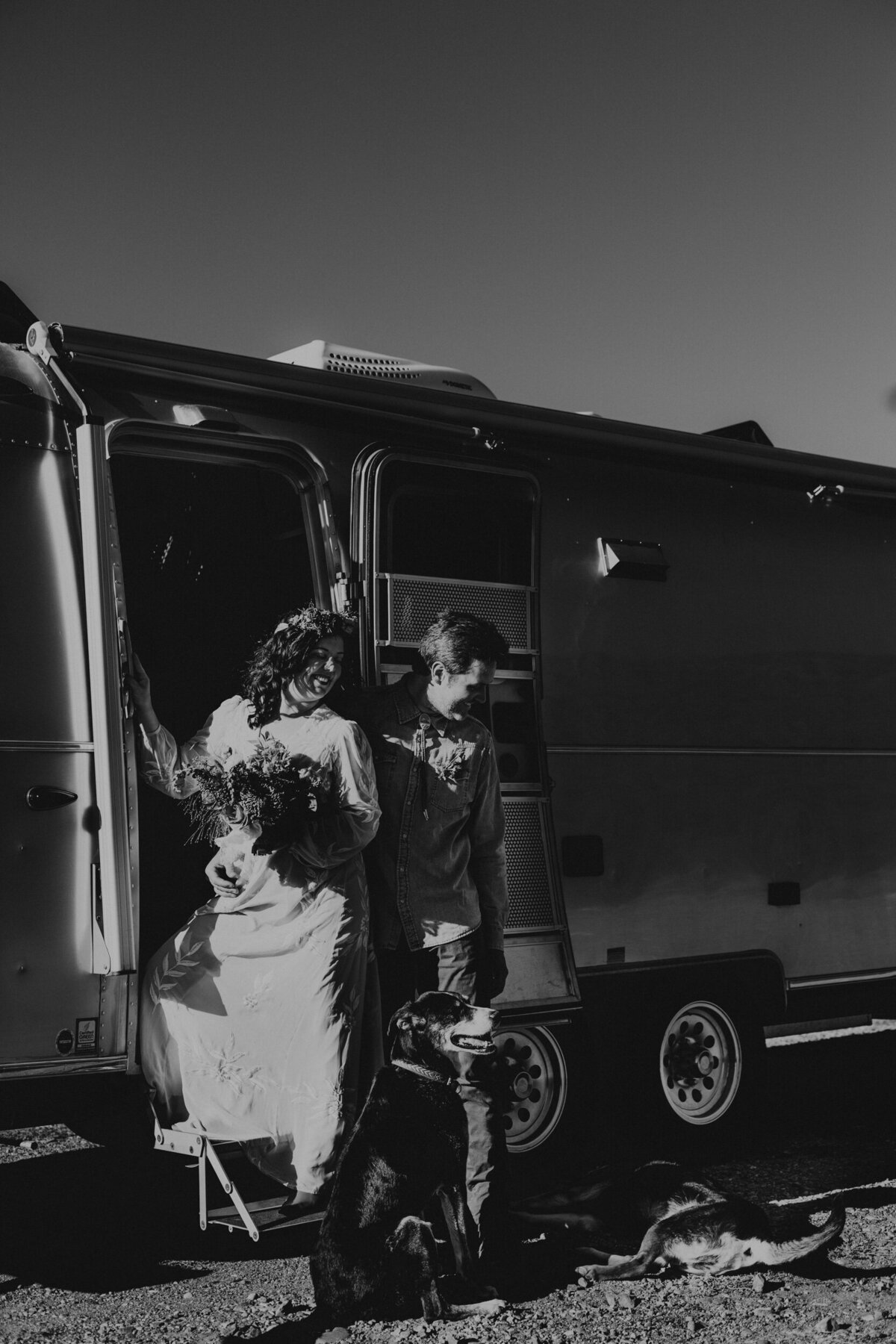 bride and groom with their two dogs and airstream camper