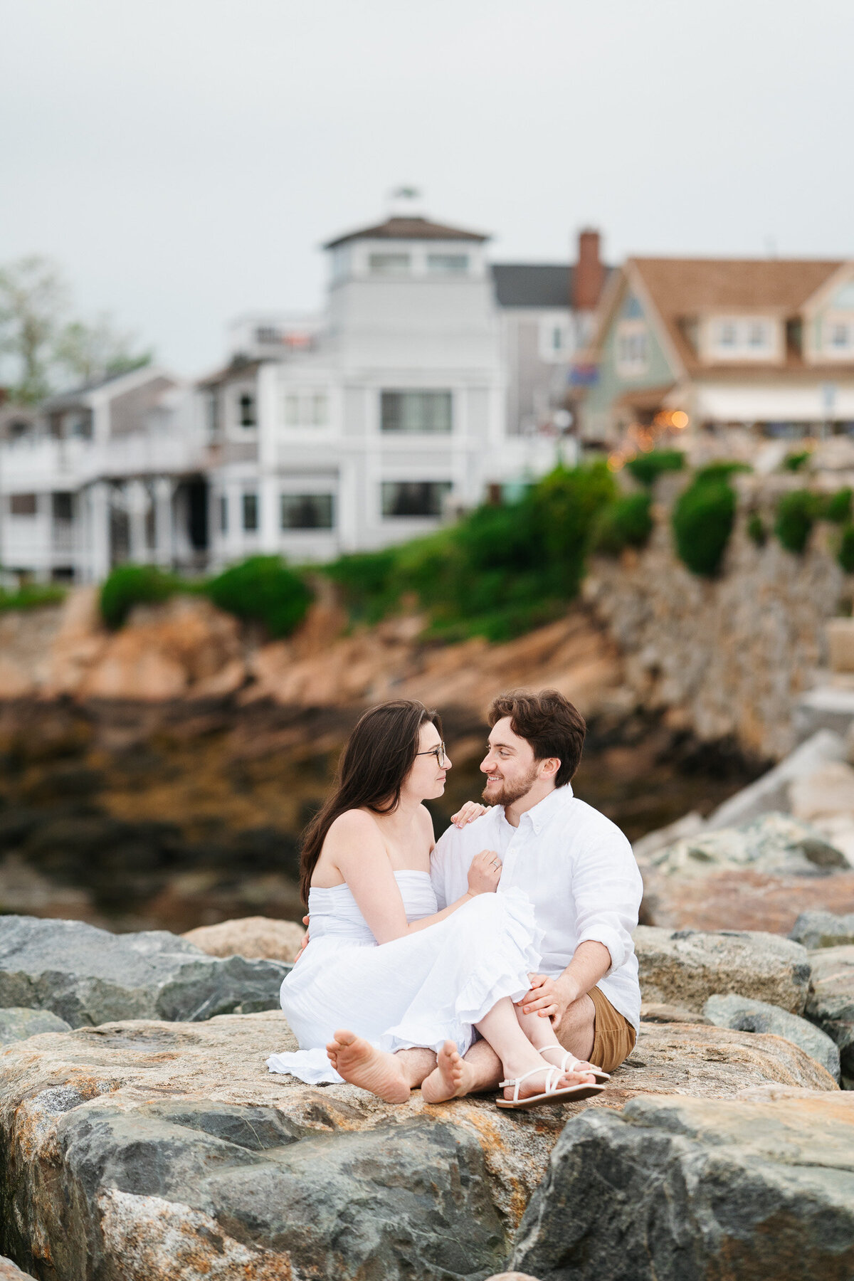 Bearskin Neck engagement session in Rockport Massachusetts with oceanfront views.