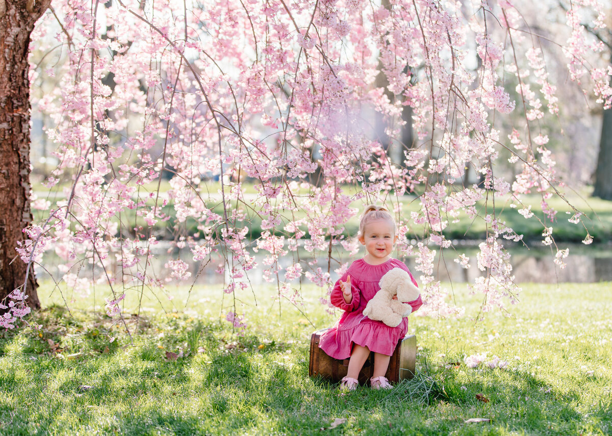 toddler girl in pink dress sitting  on brown suitcase holding a stuffed dog toy under a blooming cherry blossom tree